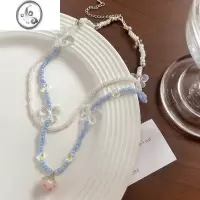 JiMi莫里里粉色水蜜桃双层蝴蝶项链少女甜美ins风锁骨链花朵链子