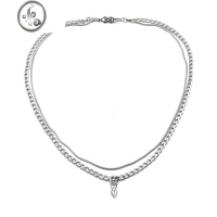 JiMi双层菱形坠饰项链嘻哈叠戴长款百搭圆珠简约钛钢男女情侣潮锁骨链