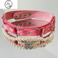JiMi芭比粉色皮革珍珠项链女款高级感锁骨链甜酷辣妹风颈链配饰