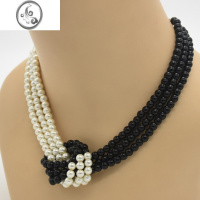 JiMi时尚百搭珍珠打结锁骨项链女人造珍珠多层颈链黑白串珠首饰配饰