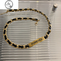 JiMi小众设计感皮质拼接字母钛钢项链网红黑色皮绳锁骨链时尚百搭颈链