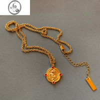 JiMi欧美复古红玛瑙人像古币吊坠项链女轻奢小众设计高级感锁骨链颈链