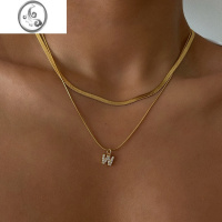 JiMi肯豆同款双层蛇骨链26英文字母吊坠项链女 ins宽扁叠戴新款锁骨链