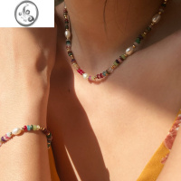 JiMi淡水珍珠春夏新款石彩色串珠石头项链小众个性复古叠戴锁骨链