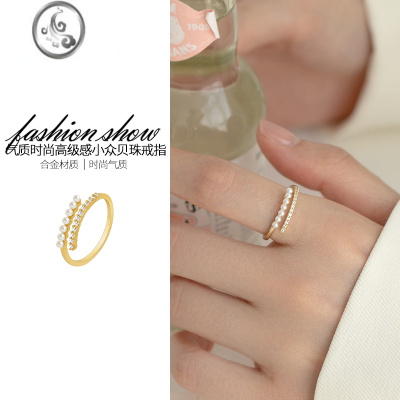 JiMi时尚个性珍珠款戒指开口可调节小众设计高级感食指戒素圈装饰指环