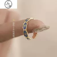 JiMi925银珐琅戒指女花纹孔雀绿锆石小众设计感轻奢ins潮艺术品食指戒