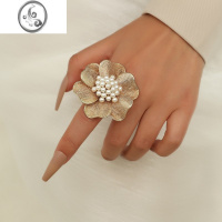 JiMi时尚夸张金属合金珍珠花朵戒指简约复古创意设计开口食指戒指女款