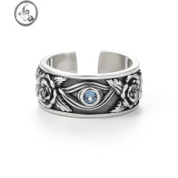 JiMi荷鲁斯之眼戒指s925银复古玫瑰锆石戒指环活口嘻哈潮男食指戒子女