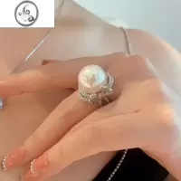 JiMi珍珠戒指女款高端网红新品仿真淡水贝珠蝴蝶结满钻开口戒指女