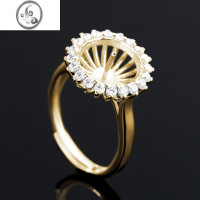 JiMis925银银戒托男女空托金色圆珠戒指镶嵌翡翠珍珠蜜蜡琥珀空托