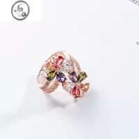 JiMi明星网红同款碧玺戒子女甜美时尚玫瑰金双生太阳花七彩色戒指