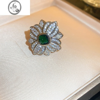 JiMi绿色锆石花朵开口戒指复古法式高级感气质独特指环小众个性手饰女