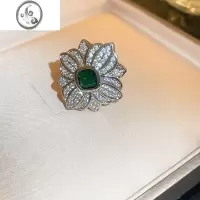 JiMi绿色锆石花朵开口戒指复古法式高级感气质独特指环小众个性手饰女