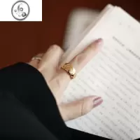 JiMi高级感戒指女时尚个性金色指环银色复古开口可调节菱格ins风食指