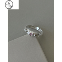 JiMiS925银银女戒指小众设计甜心粉色锆石闭口戒指不规则肌理食指指环