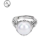 JiMiS925银银圆形珍珠戒指女复古雕花宫廷风气质巴洛克开口可调节指环