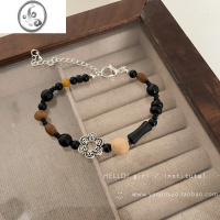 JiMi玛瑙黑曜石手链女款银银花朵手串个性轻奢小众ins高级感情侣手环