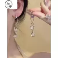 JiMi猫眼石独特耳环小众设计感高级冷性风圆脸长款流苏耳钉女
