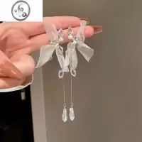 JiMi超仙网纱花朵耳钉耳环2022年新款网红气质长款水晶流苏耳坠耳饰品