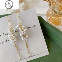 JiMi网红同款仙气花朵流苏耳环气质百搭显脸瘦耳坠淡水珍珠长款耳钉