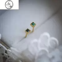 JiMi925银银针小绿方耳钉镀金几何日韩简约气质耳环睡觉不摘耳饰品女