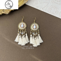 JiMi复古波西米亚2021年新款潮民族风白色羽毛耳环欧美高级感耳钉流苏