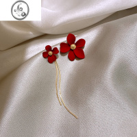 JiMi流苏花朵耳环女小众设计红色耳钉轻奢不对称耳饰高级感2023年新款