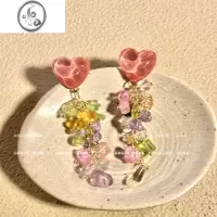 JiMi是春夏的颜色~爱心碎石流苏耳钉女小众设计感耳环ins气质甜美耳饰