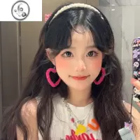 JiMi显白芭比粉耳钉夸张显脸瘦大爱心毛绒玫红色蹦迪耳环耳夹