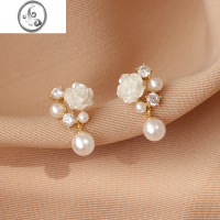 JiMi白色花朵耳钉夏季女小巧法式珍珠耳环2022年新款潮s925银银针耳饰