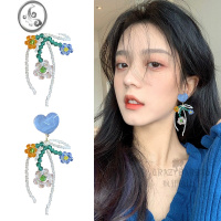 JiMi蓝色串珠水晶花朵耳环2022新款潮蝴蝶结爱心耳钉小众设计感耳饰女