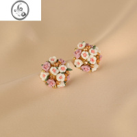 JiMi陶瓷立体繁花耳钉高级感夏日清新耳环法式复古粉色花球耳饰