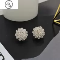 JiMiS925银针韩国手工圆形白色水晶花球耳环INS网红同款仙气耳钉短款