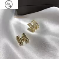 JiMi新款S925银针气质微镶锆石H字母耳钉韩国简约设计潮感耳环耳饰品