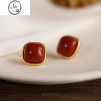 JiMi复古红色蚊香盘耳夹无耳洞女新年红耳钉港风方块无痛耳饰新款春夏