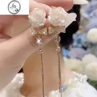JiMi超仙法式复古山茶花流苏耳环轻奢银银针耳饰气质长款白色花朵耳钉