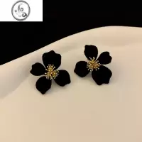 JiMi法式轻奢高级感气质黑色不规则花朵耳钉女秋冬独特耳饰2023新款