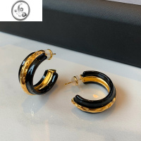 JiMi欧美法式复古珐琅滴釉黑金色C形耳环女小众设计高级独特耳饰耳钉