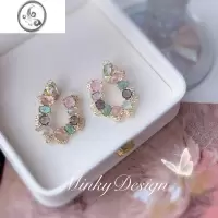 JiMi「雾里看花」法式耳环夸张方圆脸耳饰蚊香盘耳夹无耳洞女粉绿耳钉