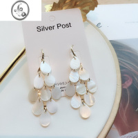 JiMiS925银针手工拼接象牙白色凤尾长款圆环防过敏耳环坠耳钉饰品贝壳