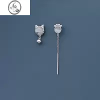 JiMis925银银猫咪耳环女简约小众设计感不对称猫眼石耳钉可爱猫爪耳饰