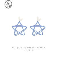 JiMi五角星少女感镂空蓝色小众设计耳环简约个性耳钉百搭耳夹无耳洞女