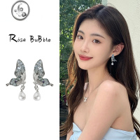 JiMi超仙蝴蝶翅膀珍珠耳钉高级感森系流苏夏天耳饰蚊香盘耳夹女无耳洞