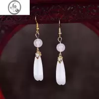 JiMi汉服潮流简约气质长款绿色白琉璃仿玉石耳坠古典复古风耳环女饰品