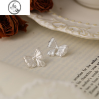 JiMi七夕礼物小香风蕾丝蝴蝶结耳钉女银银小众设计感洋气法式耳饰