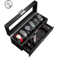 JiMi碳纤维纹皮质手表首饰一体收纳盒家用简约腕表手串戒指袖扣箱