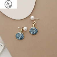 JiMi夏季蓝色显白港风贝壳珍珠耳环小众设计感轻奢蚊香盘无耳洞耳夹女