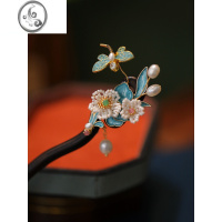 JiMi烧蓝发簪高级感小众新中式簪子日常款檀木国风花朵珍珠步摇头饰品