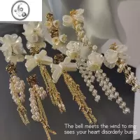 JiMi珍珠花朵轻奢高级感无耳洞耳环气质耳夹流苏垂坠感2023新款耳饰女