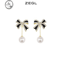 JiMiZEGL蝴蝶结珍珠小香耳环女小众设计感高级耳钉银针复古夏天耳饰品